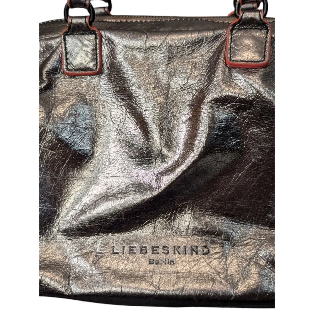 Liebeskind Berlin Metallic Bronze Leather Satchel Bag Neon Orange Trim Crossbody